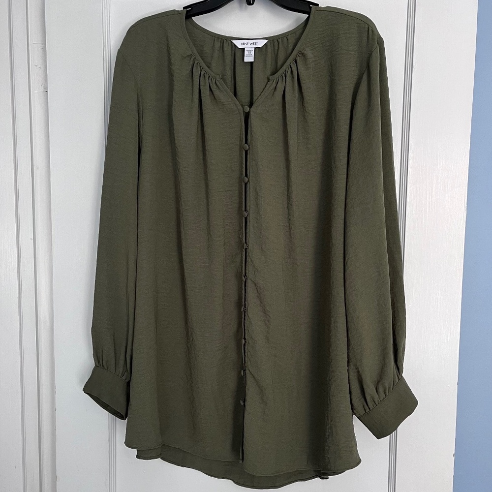 Nine West 4X olive green blouse - button-up, long sleeves